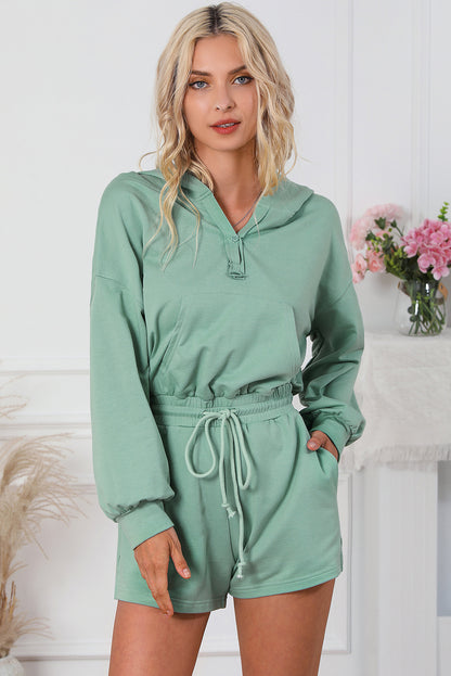 Drawstring Waist Hooded Romper with Pockets-Angel Casuals