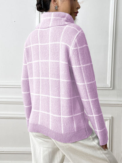 Heart Plaid Turtleneck Long Sleeve Sweater-Angel Casuals