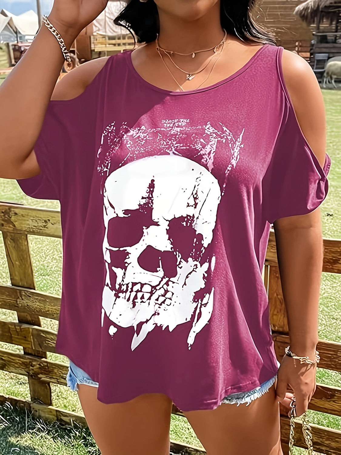 Plus Size Skeleton Graphic Round Neck Cold Shoulder T-Shirt-Angel Casuals