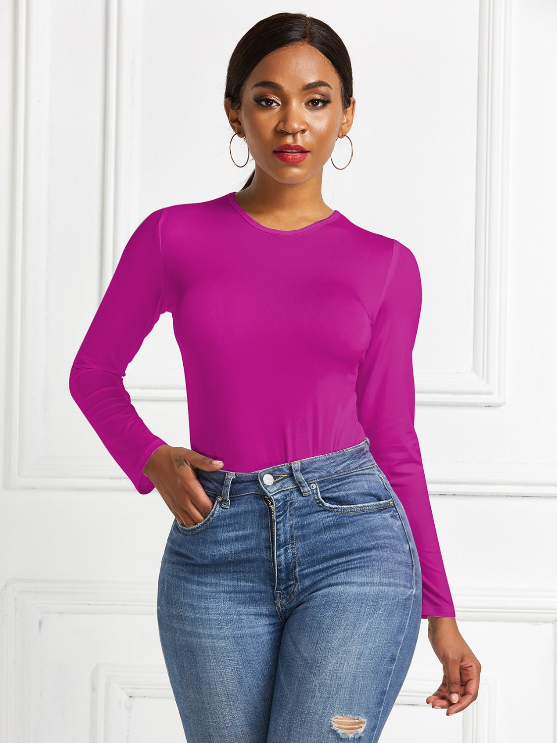 Round Neck Long Sleeve Bodysuit-Angel Casuals