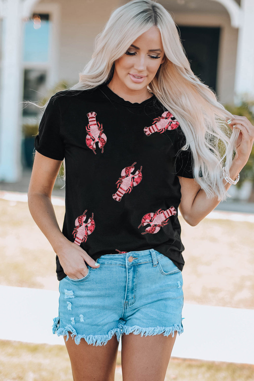 Lobster Print Round Neck Short Sleeve T-Shirt-Angel Casuals