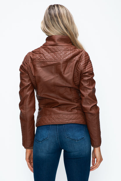 YMI Faux Layered Double-Zipper Jacket with Fuzzy Hood-Angel Casuals