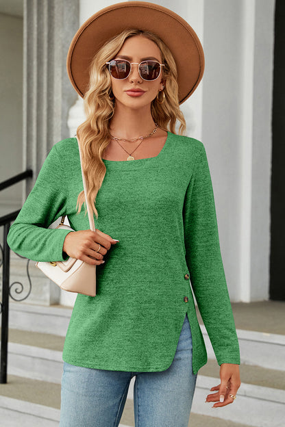 Slit Decorative Button Square Neck T-Shirt-Angel Casuals