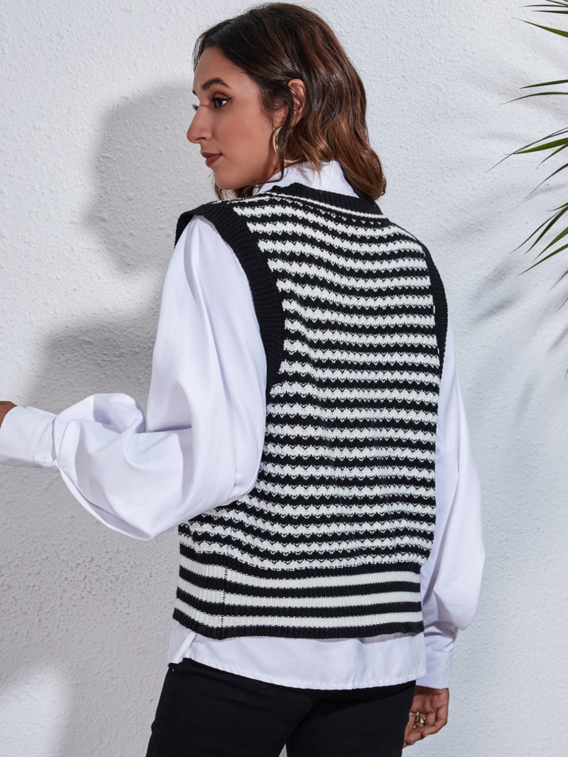 Striped Button Up V-Neck Sweater Vest-Angel Casuals