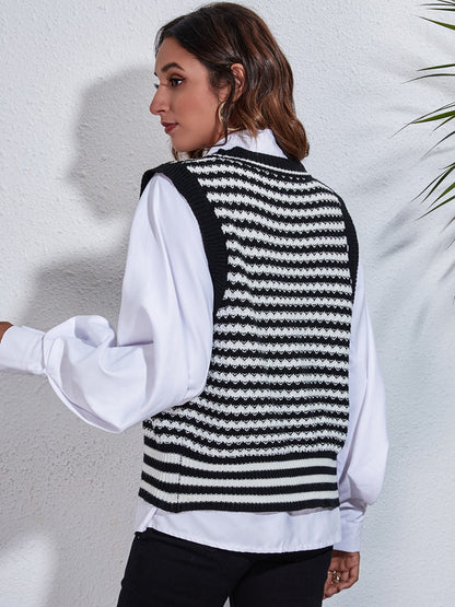 Striped Button Up V-Neck Sweater Vest-Angel Casuals