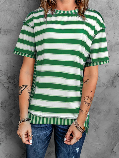 Full Size Contrast Stitching Striped Round Neck T-Shirt-Angel Casuals