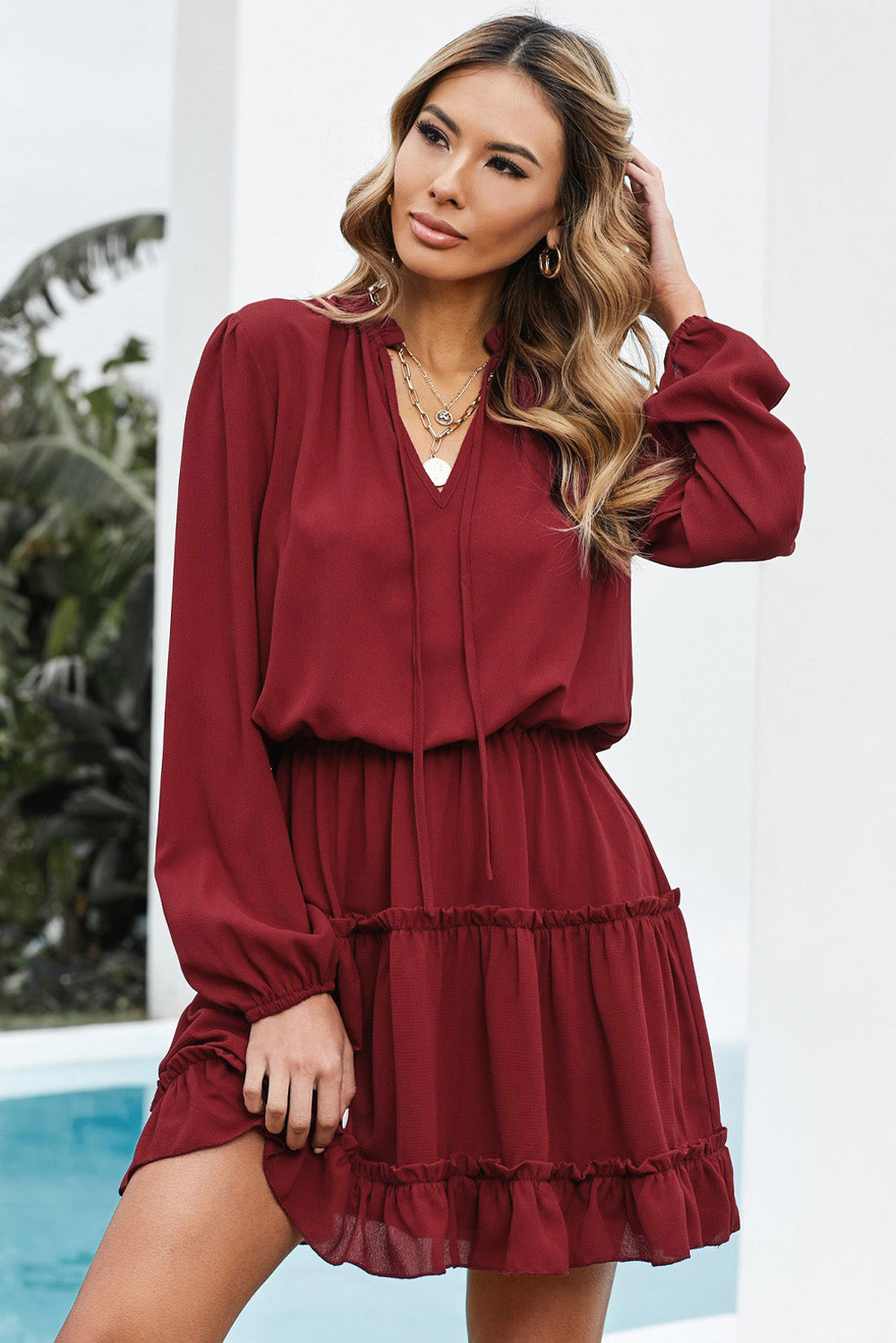 Tied Frill Trim Puff Sleeve Mini Dress-Angel Casuals