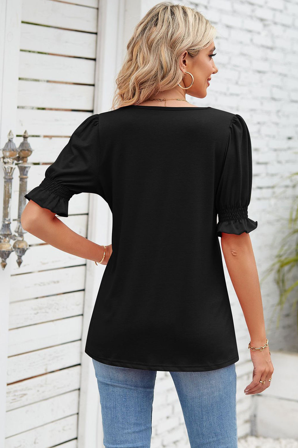 Smocked Square Neck Short Sleeve T-Shirt-Angel Casuals