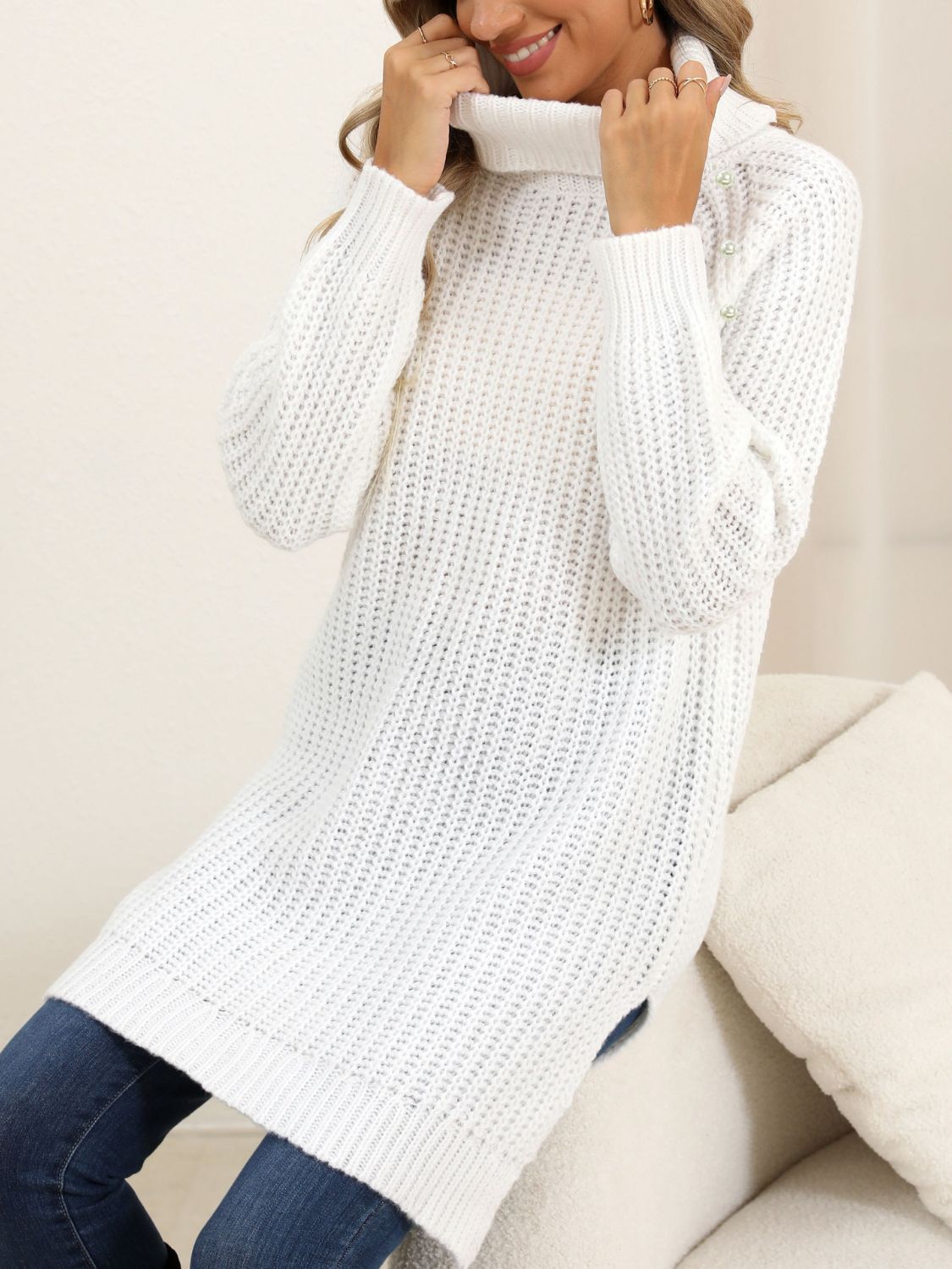 Slit Turtleneck Long Sleeve Sweater-Angel Casuals