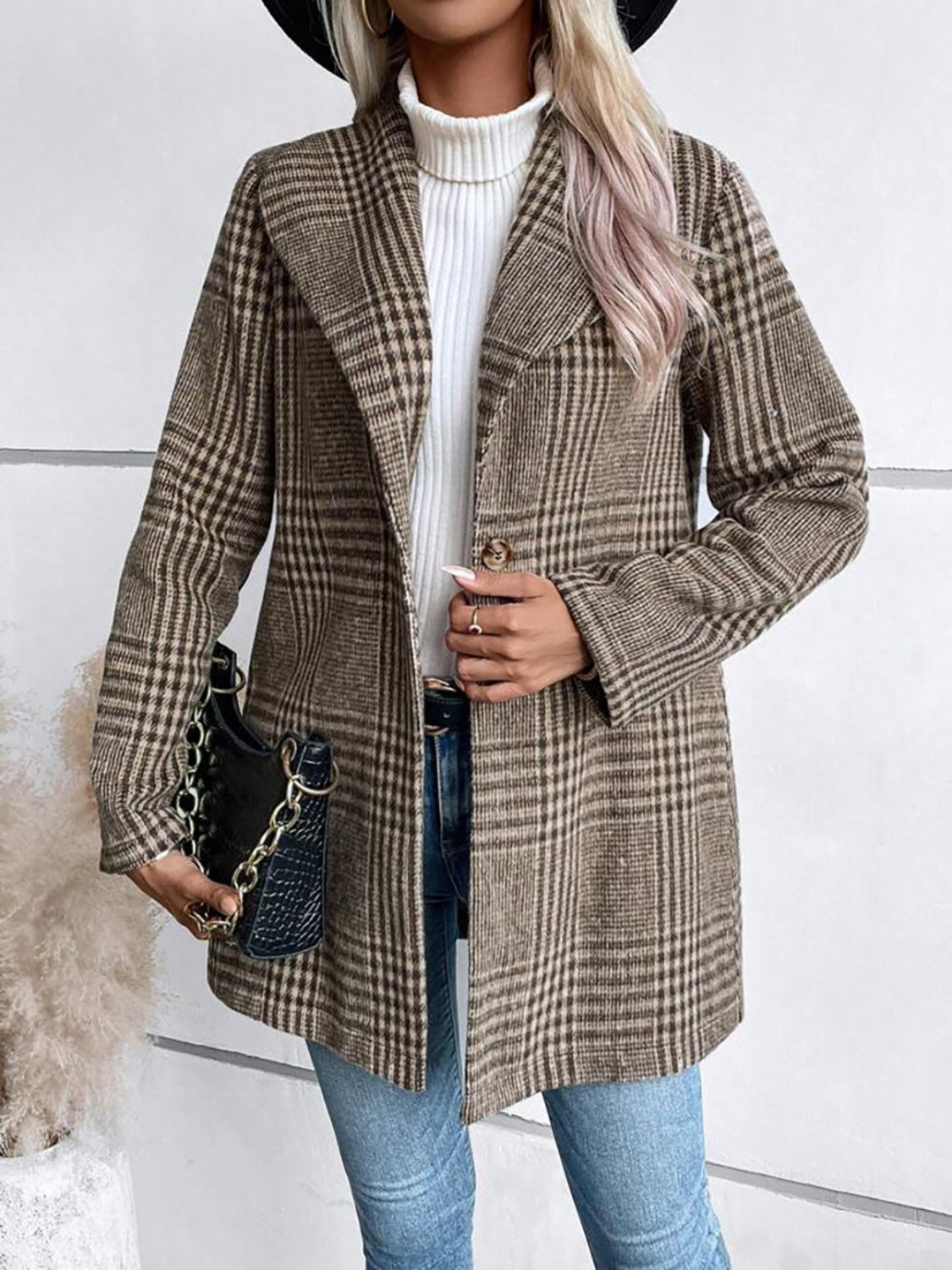 Plaid Collared Neck Long Sleeve Jacket-Angel Casuals