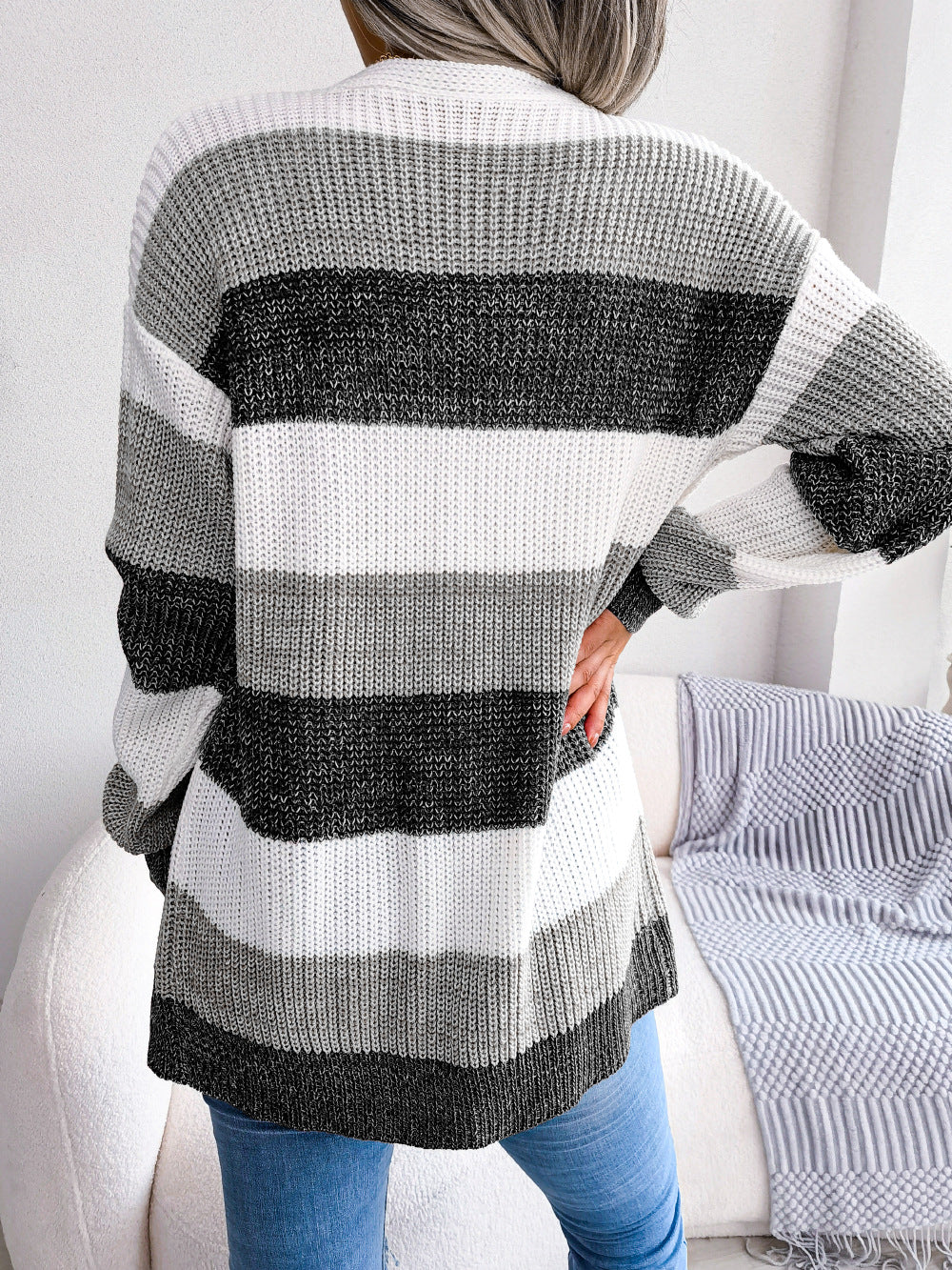 Striped Rib-Knit Open Front Longline Cardigan-Angel Casuals