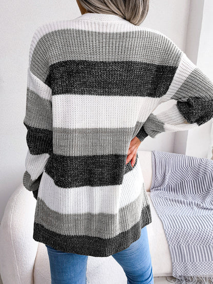 Striped Rib-Knit Open Front Longline Cardigan-Angel Casuals