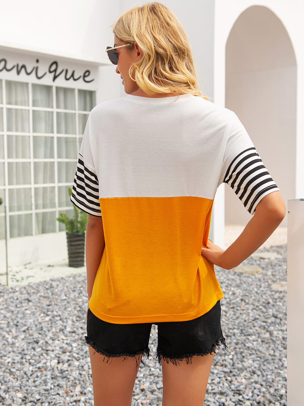 Striped Color Block Round Neck Tee-Angel Casuals