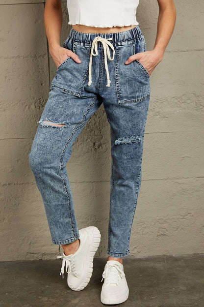 Baeful Drawstring Denim Joggers-Angel Casuals