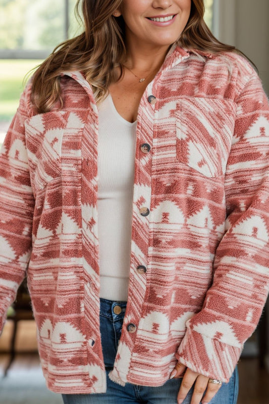 Plus Size Pocketed Printed Collared Neck Jacket-Angel Casuals