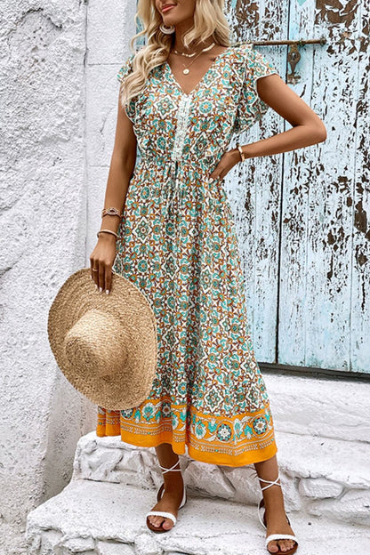 Bohemian V-Neck Flutter Sleeve Dress-Angel Casuals