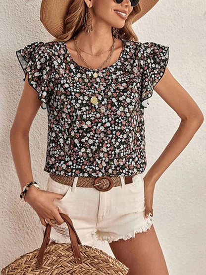 Ditsy Floral Round Neck Cap Sleeve Top-Angel Casuals