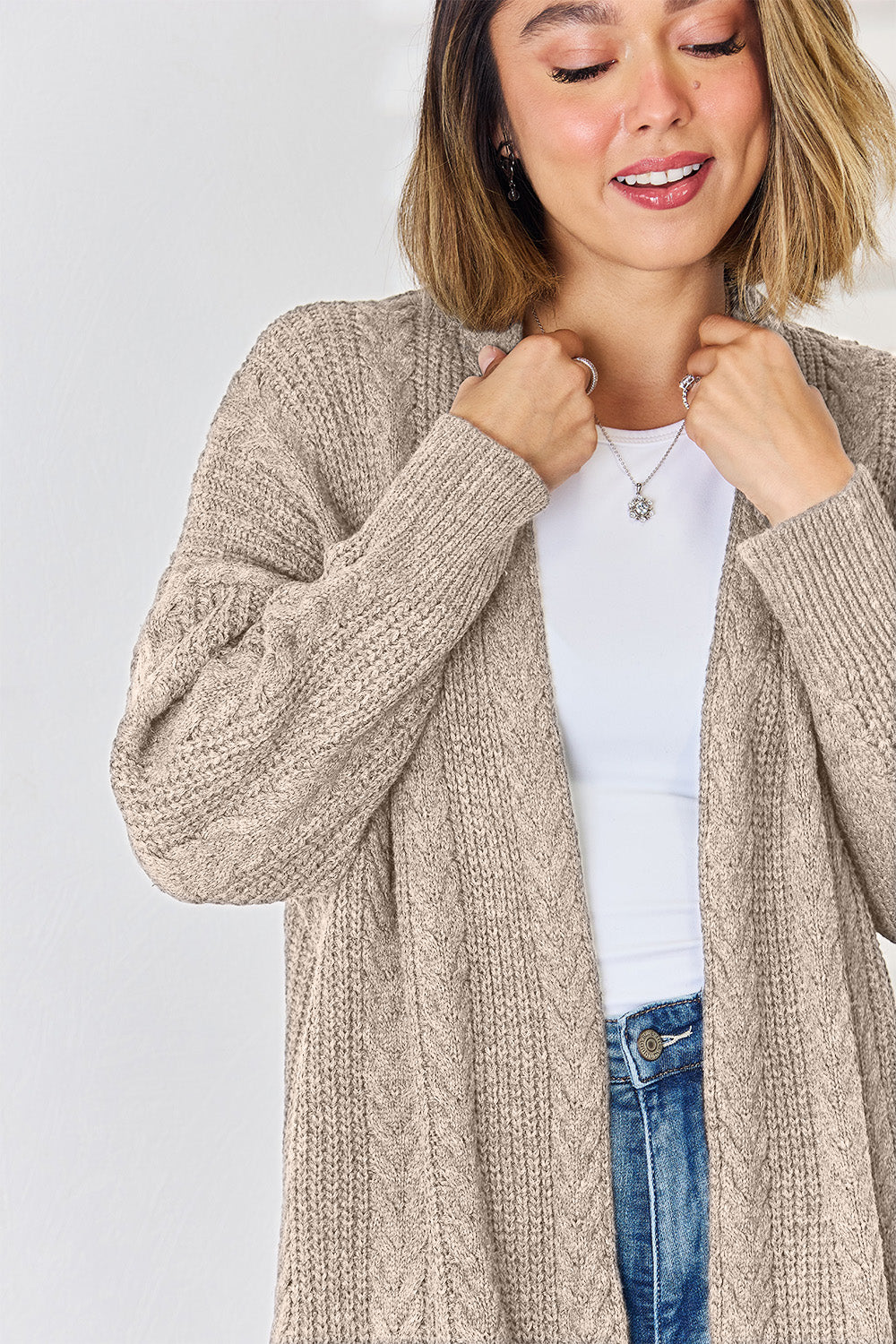 Cable-Knit Open Front Dropped Shoulder Cardigan-Angel Casuals