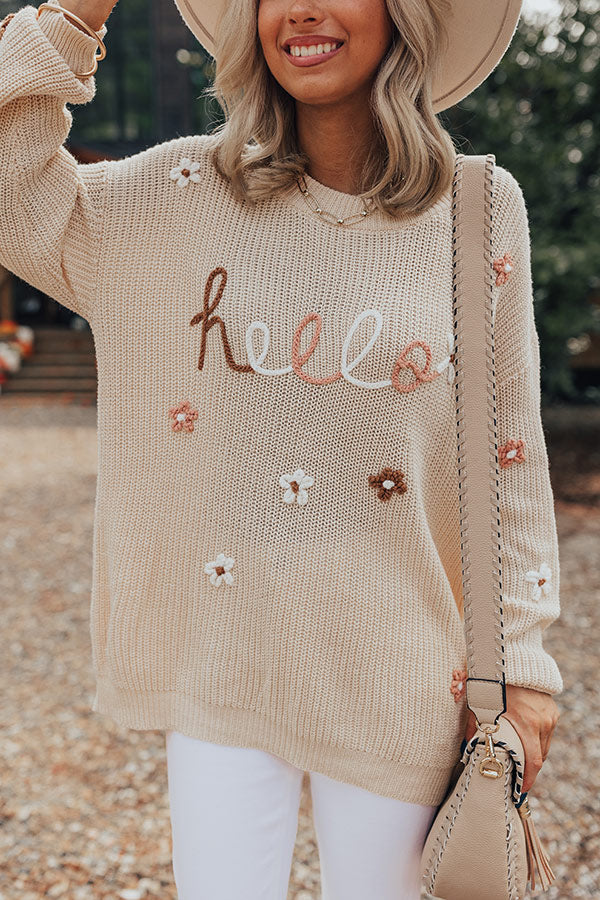 HELLO Flower Round Neck Long Sleeve Sweater-Angel Casuals