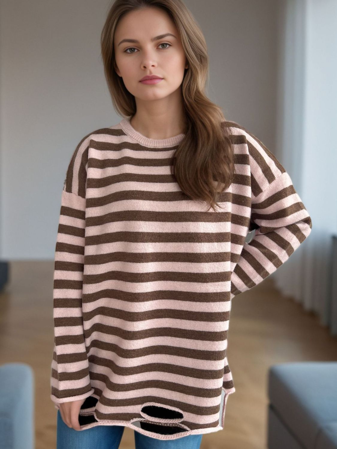 Distressed Striped Round Neck Long Sleeve Sweater-Angel Casuals