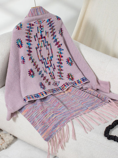 Fringe Geometric Open Front Long Sleeve Cape-Angel Casuals