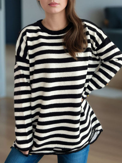 Distressed Striped Round Neck Long Sleeve Sweater-Angel Casuals