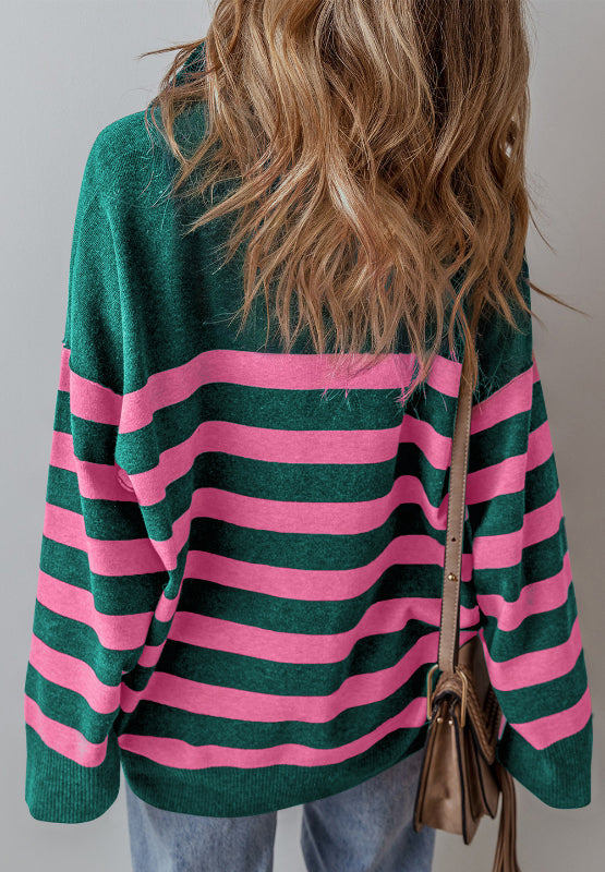 Contrast Striped Quarter Zip Long Sleeve Sweater-Angel Casuals