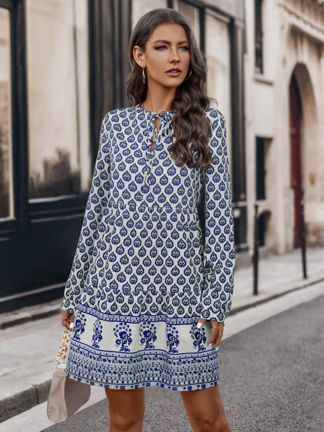 Printed Tie Neck Long Sleeve Dress-Angel Casuals