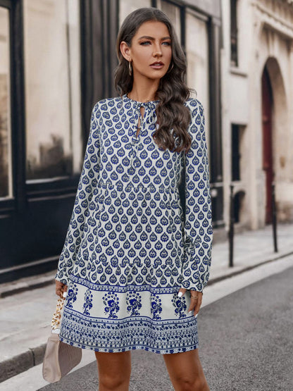 Printed Tie Neck Long Sleeve Dress-Angel Casuals