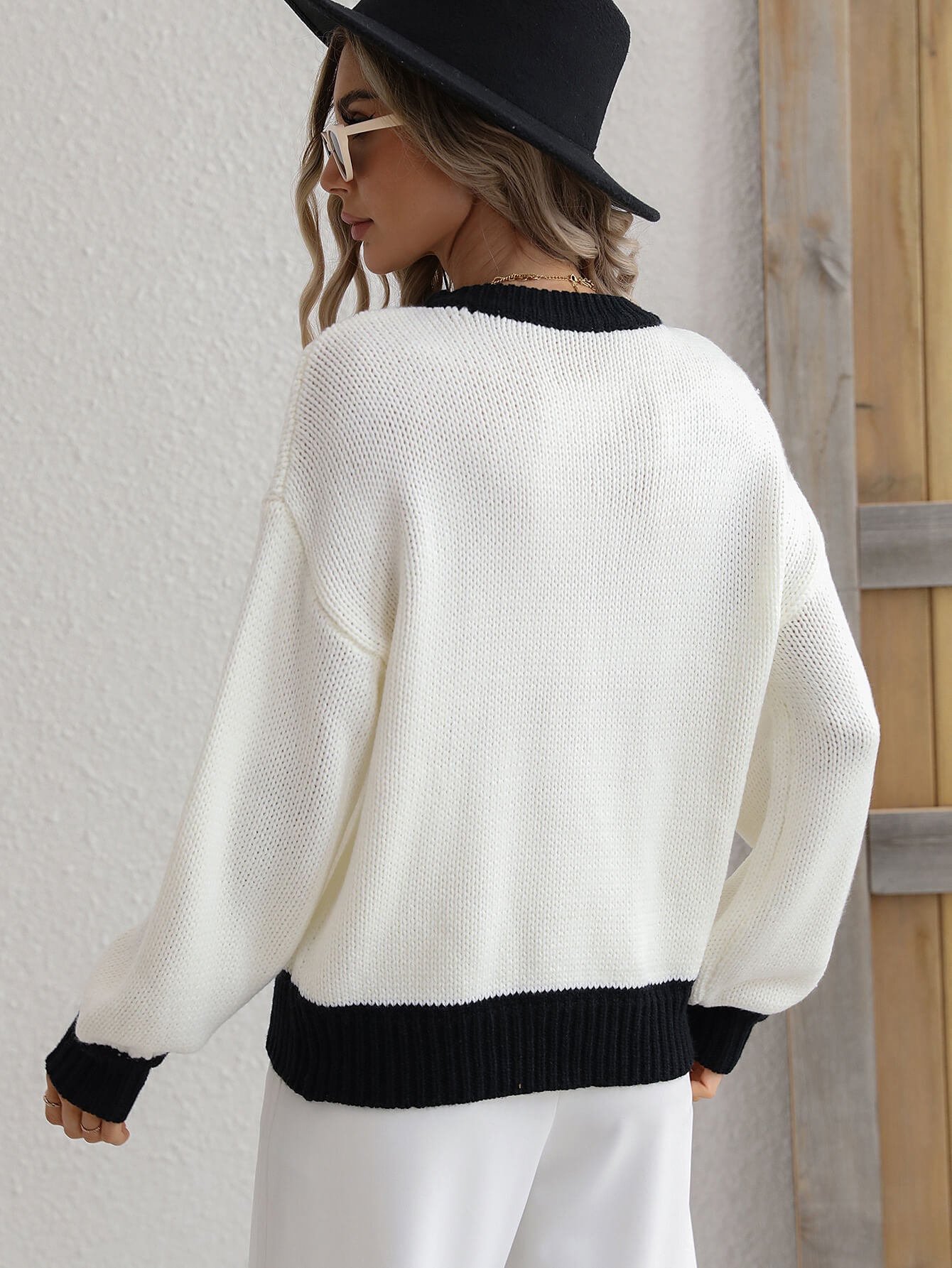 Contrast Trim Drop Shoulder Pullover Sweater-Angel Casuals