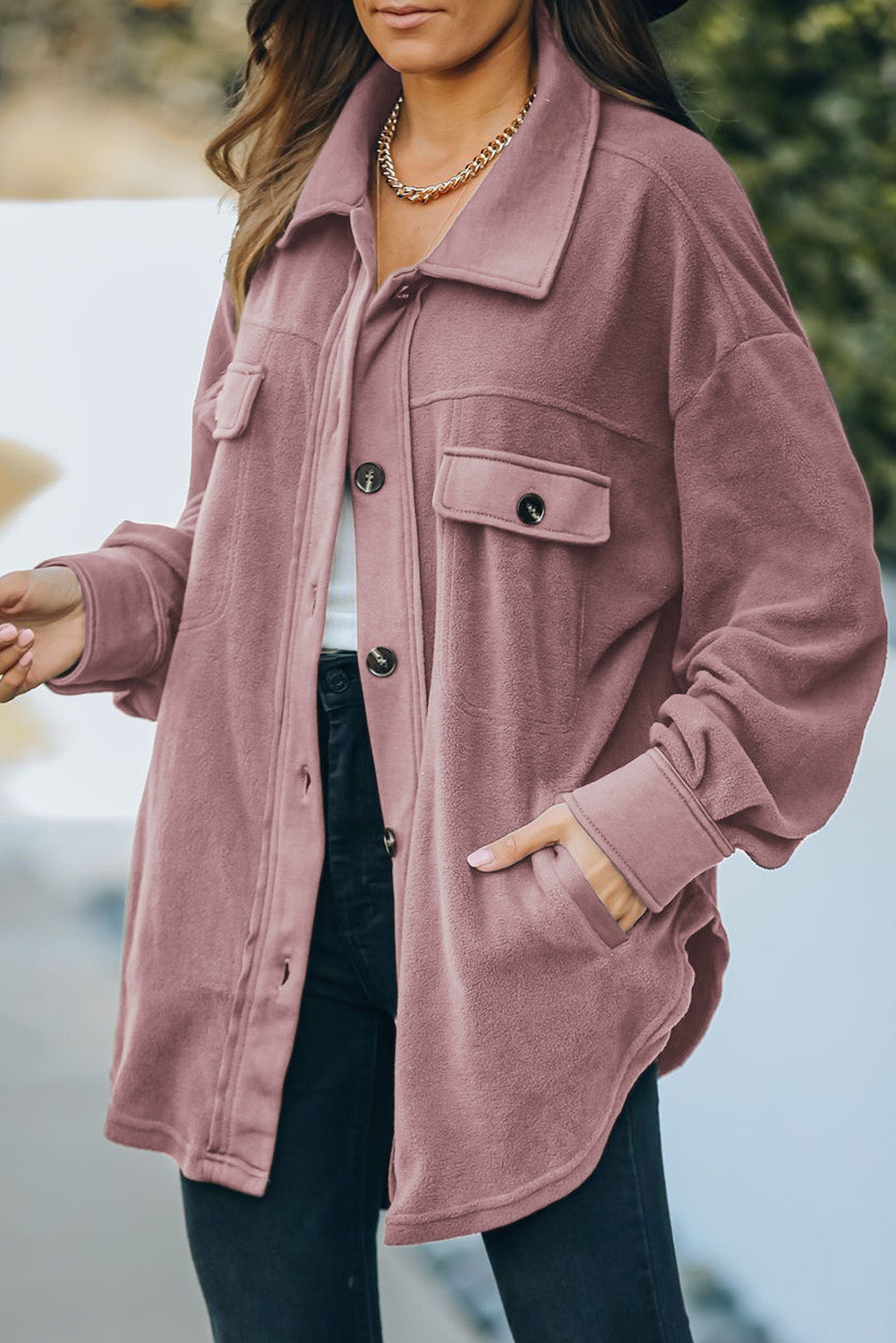 Button Up Collared Neck Long Sleeve Jacket-Angel Casuals