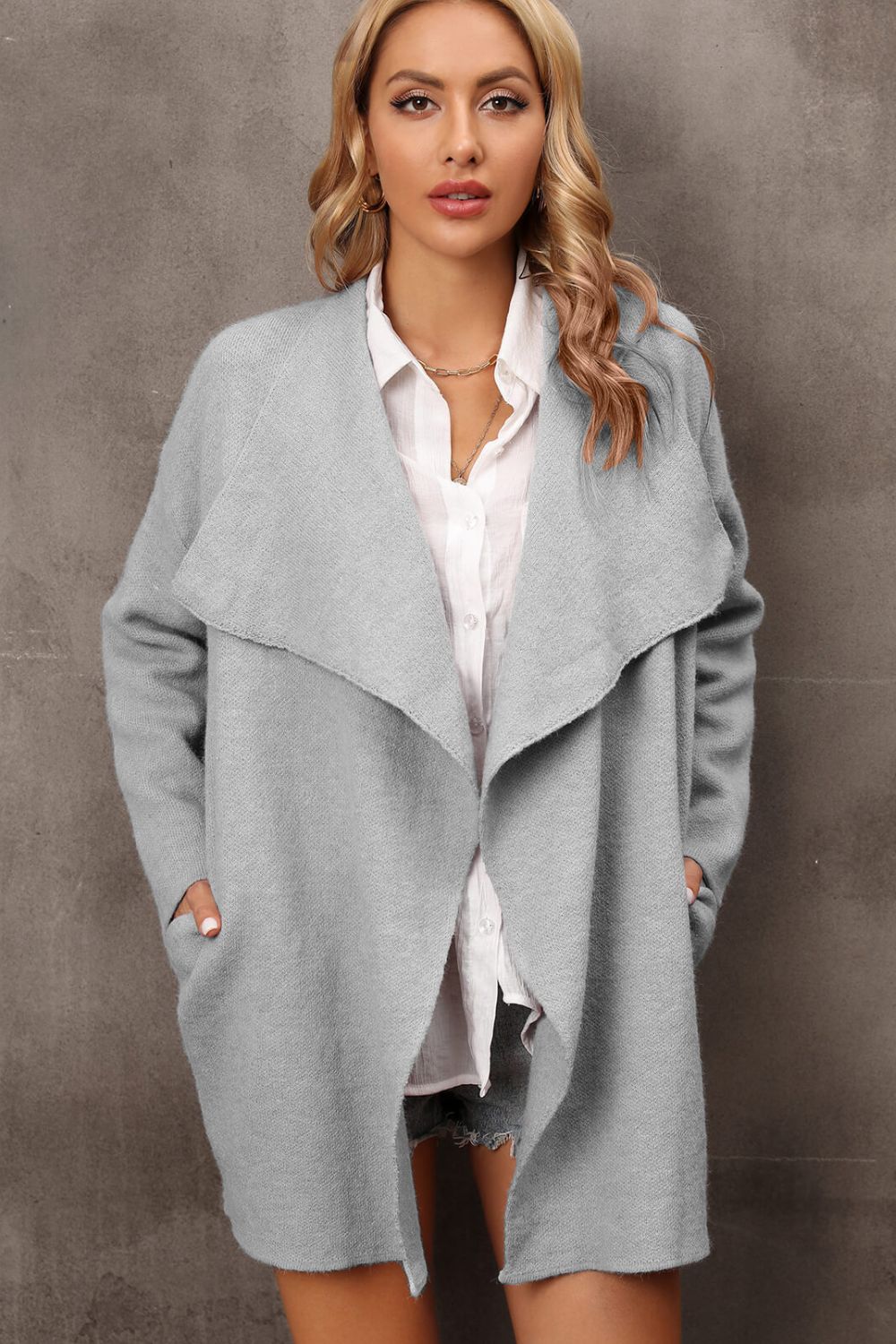 Waterfall Collar Longline Cardigan with Side Pockets-Angel Casuals