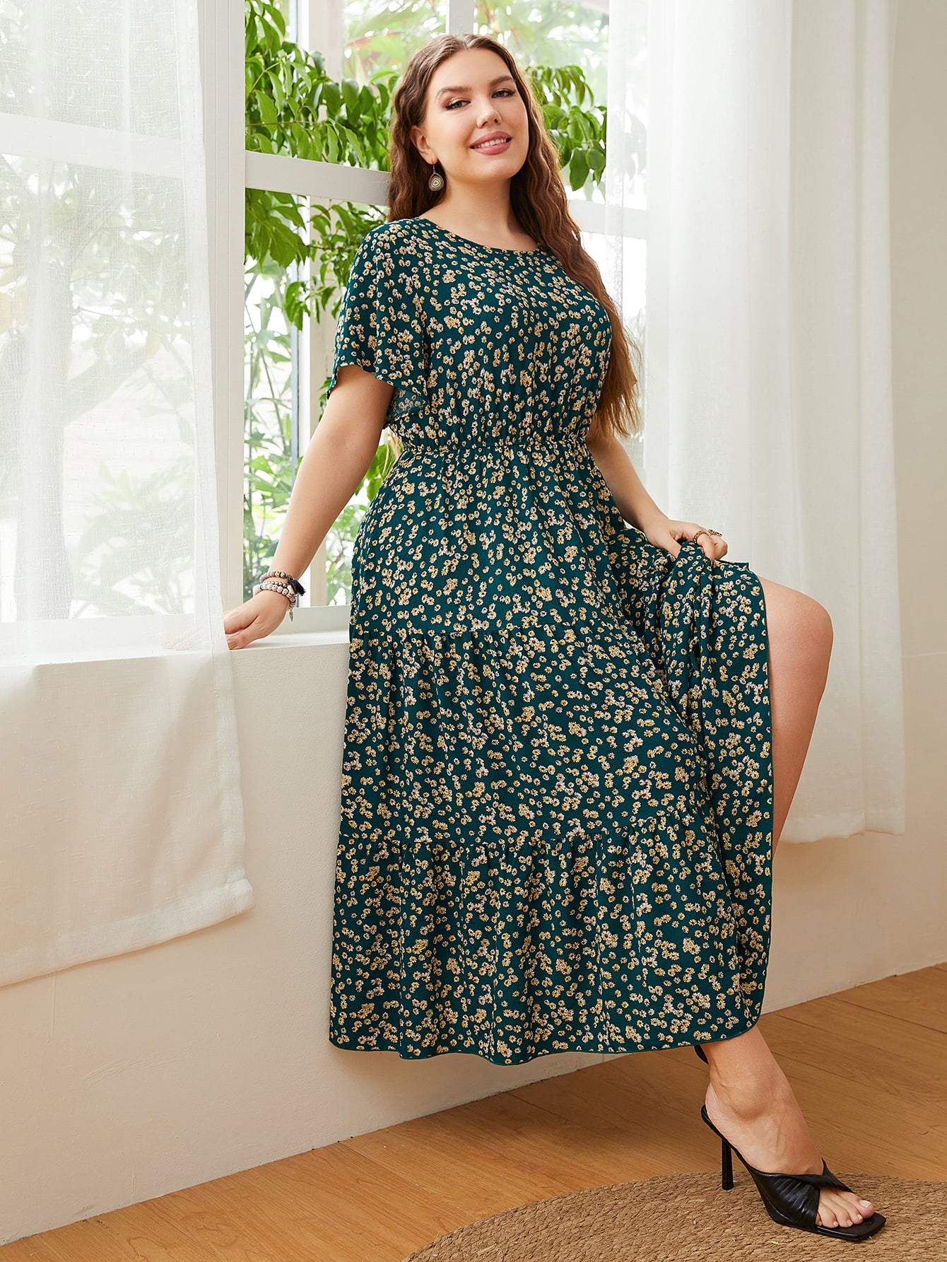 Plus Size Floral Round Neck Short Sleeve Midi Dress-Angel Casuals