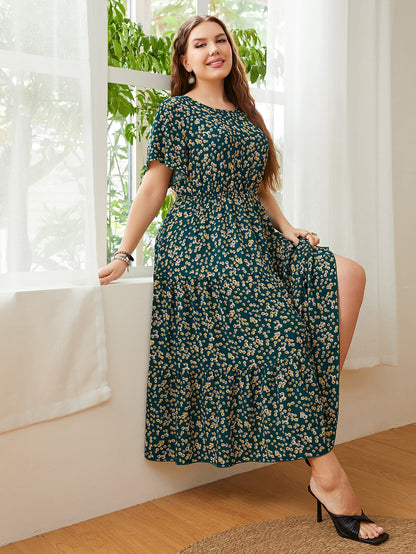 Plus Size Floral Round Neck Short Sleeve Midi Dress-Angel Casuals