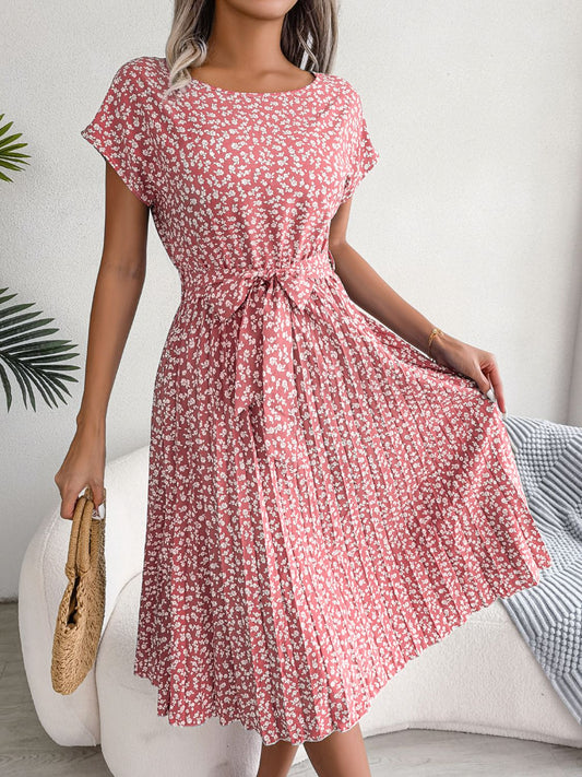 Ditsy Floral Pleated Belted Dress-Angel Casuals