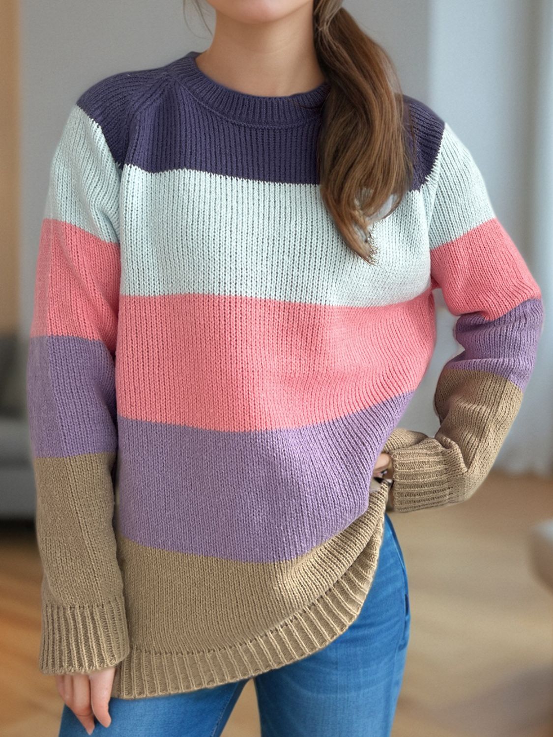 Color Block Round Neck Long Sleeve Sweater-Angel Casuals