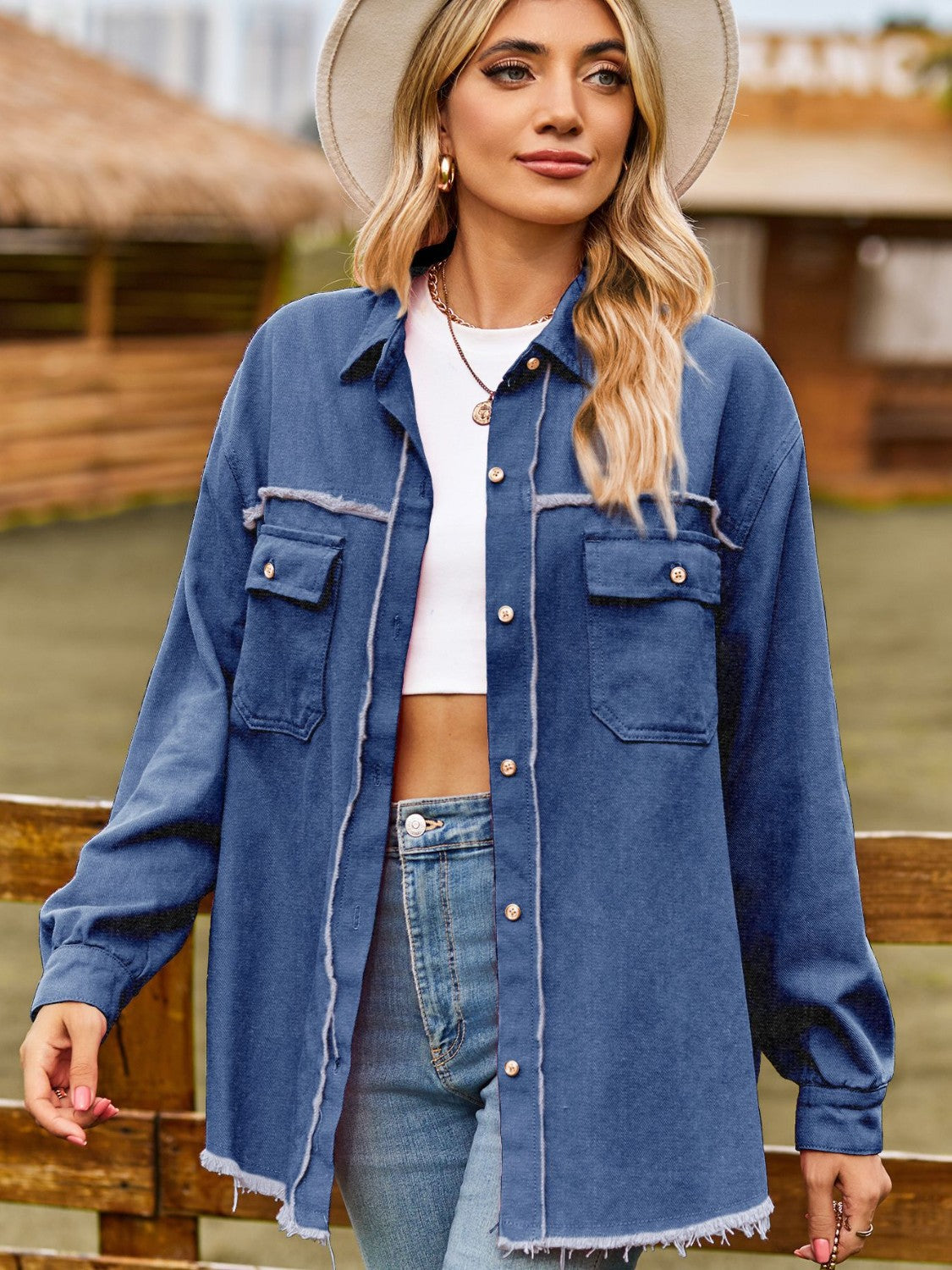 Button Up Collared Neck Raw Hem Denim Top-Angel Casuals