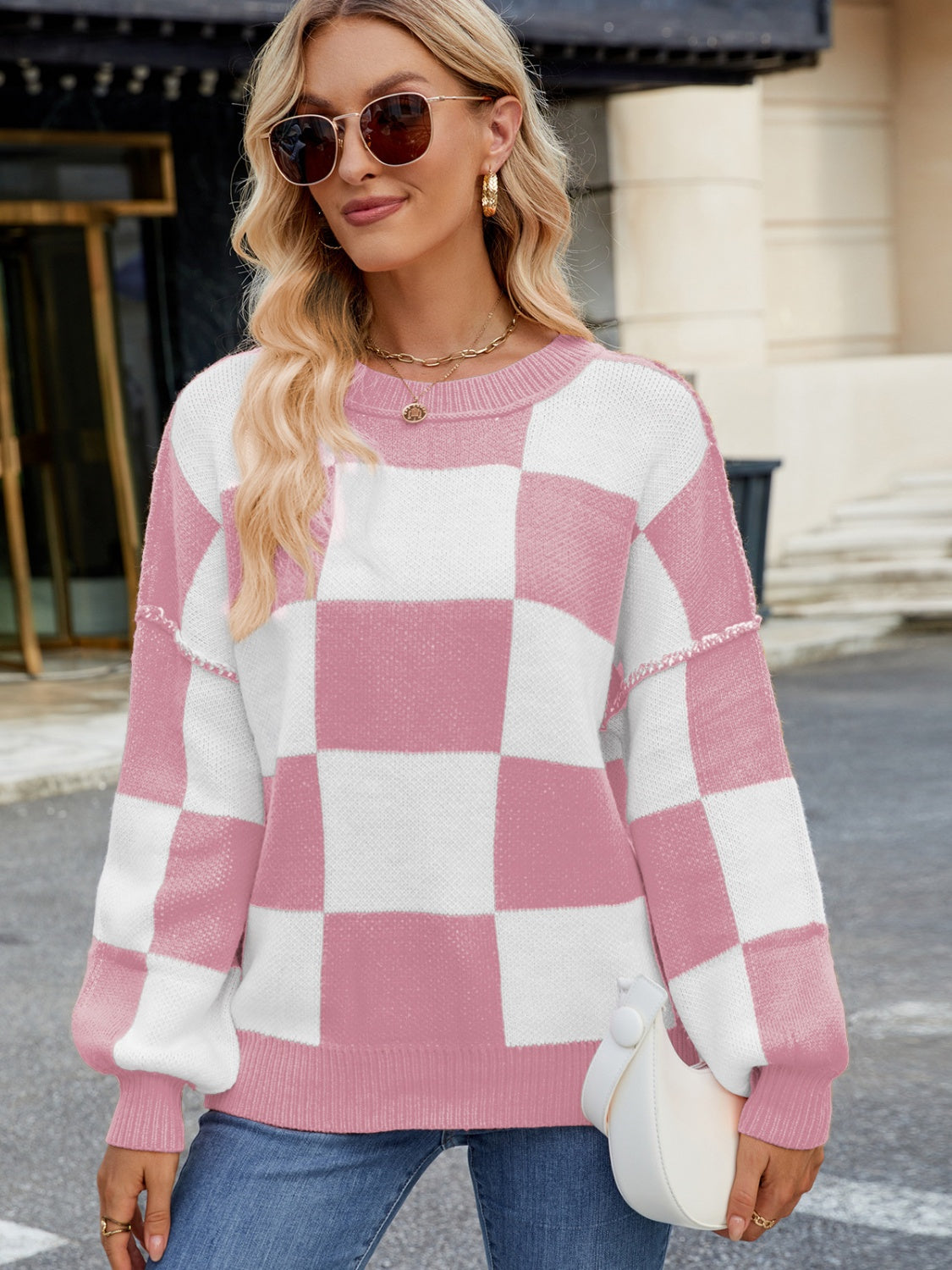 Checkered Round Neck Long Sleeve Sweater-Angel Casuals