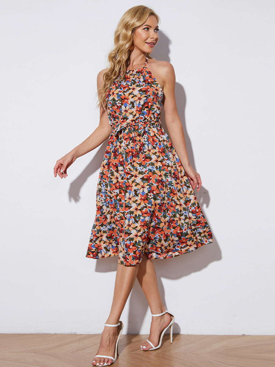 Floral Halter Neck Tie-Waist Backless Dress-Angel Casuals