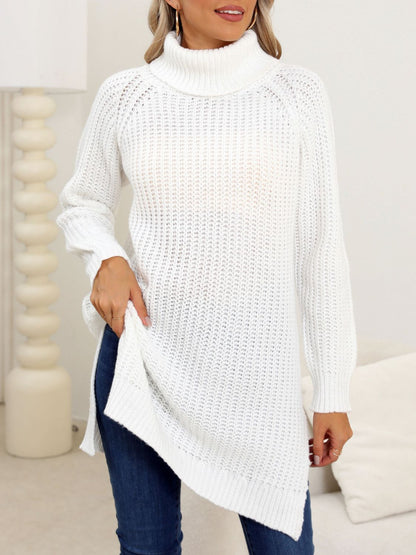 Slit Turtleneck Long Sleeve Sweater-Angel Casuals