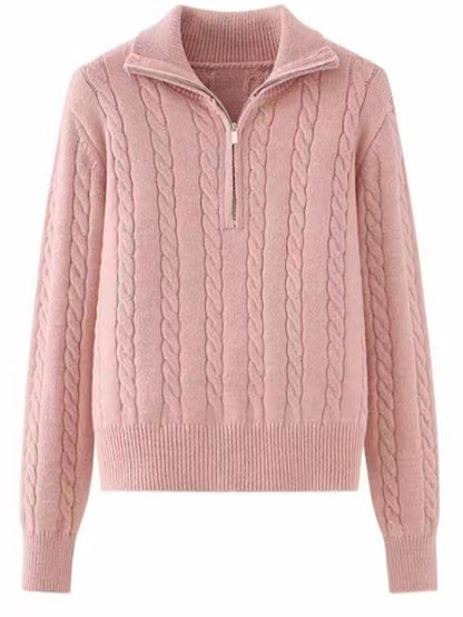 Cable-Knit Half Zip Long Sleeve Sweater-Angel Casuals