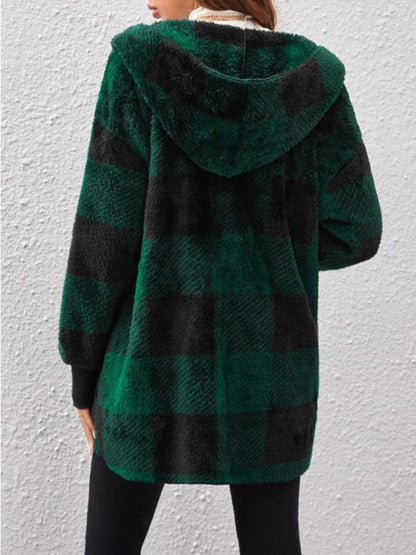 Plaid Long Sleeve Hooded Coat-Angel Casuals