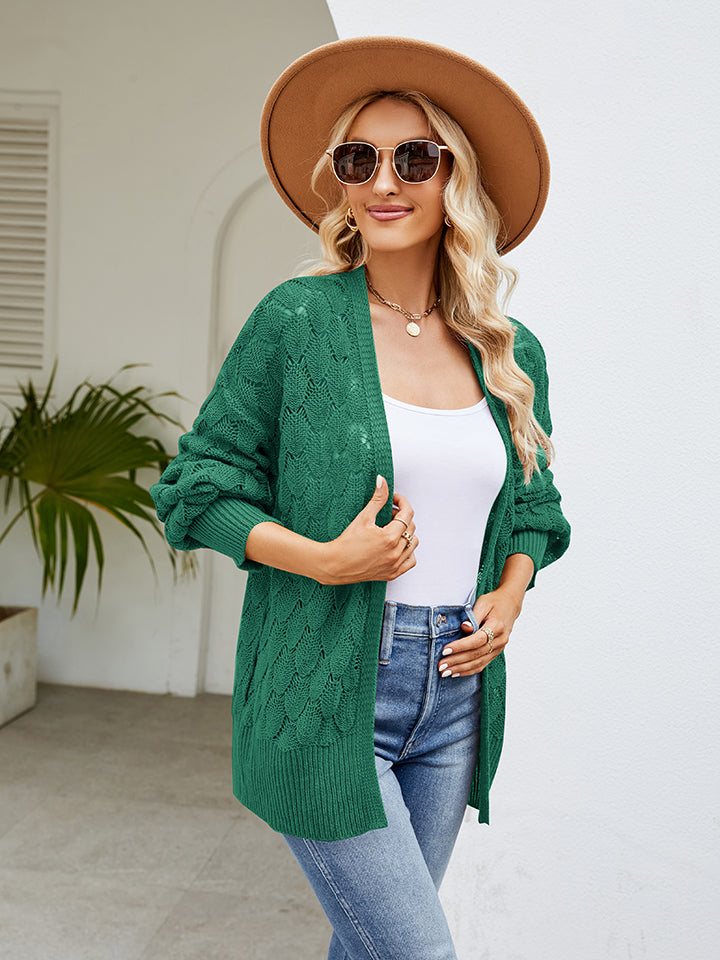 Openwork Open Front Lantern Sleeve Cardigan-Angel Casuals