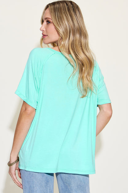 Basic Bae Full Size Bamboo Slit V-Neck Short Sleeve T-Shirt-Angel Casuals