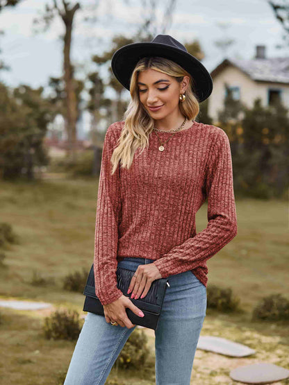 Ribbed Round Neck Long Sleeve Tee-Angel Casuals