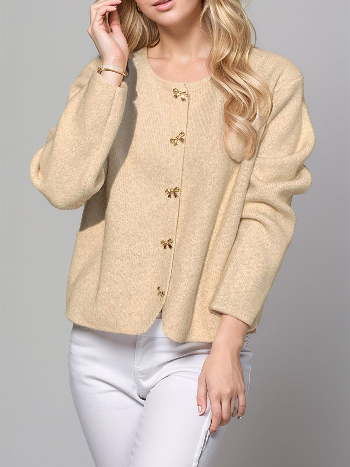 Bow Button Down Round Neck Long Sleeve Cardigan-Angel Casuals