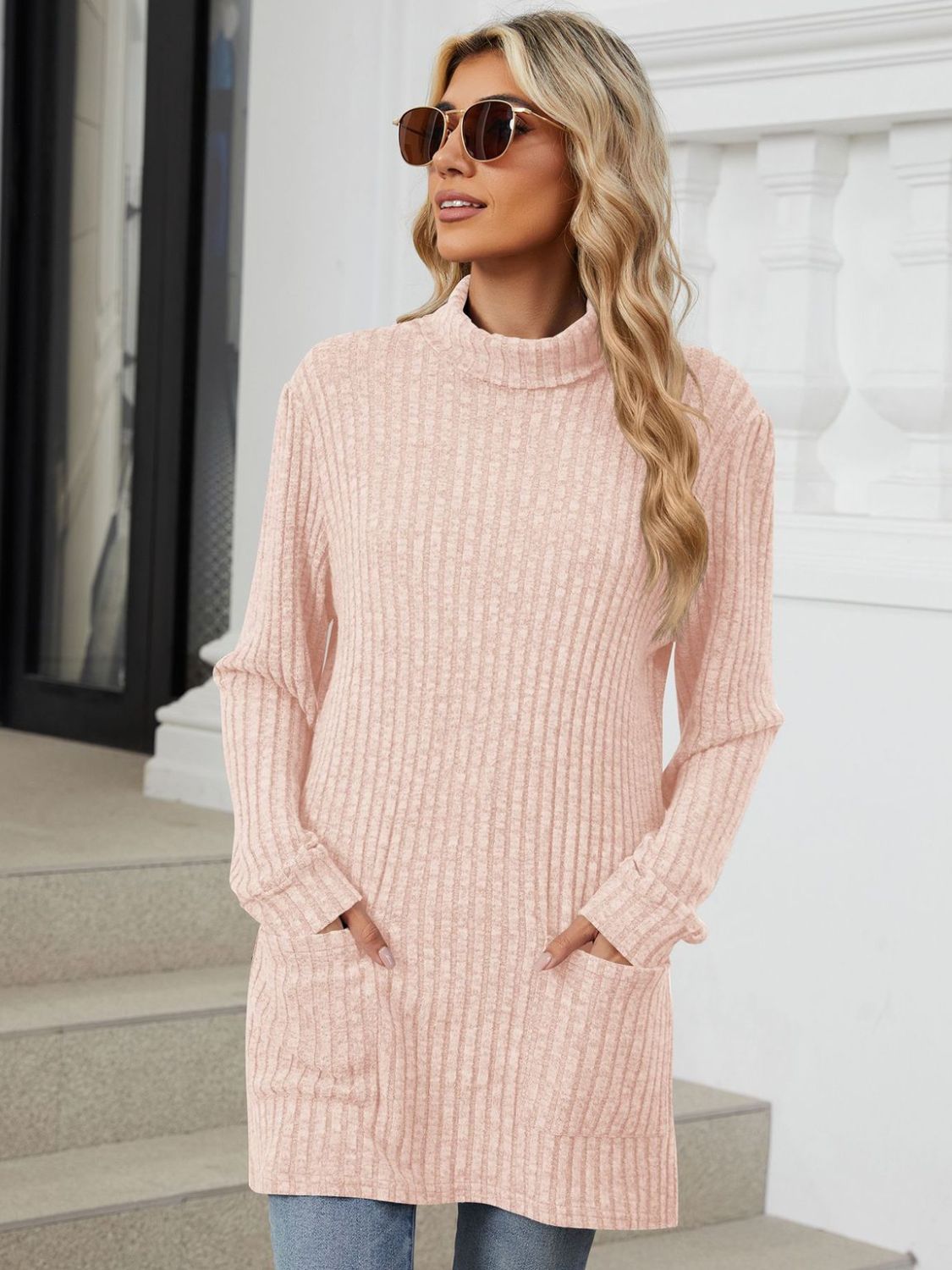 Ribbed Mock Neck Long Sleeve T-Shirt-Angel Casuals