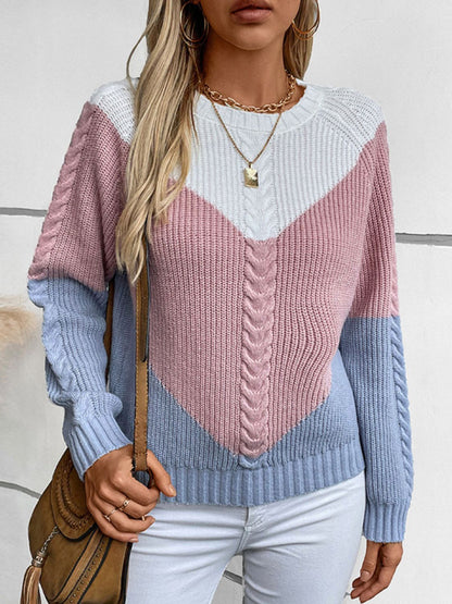 Color Block Round Neck Long Sleeve Sweater-Angel Casuals