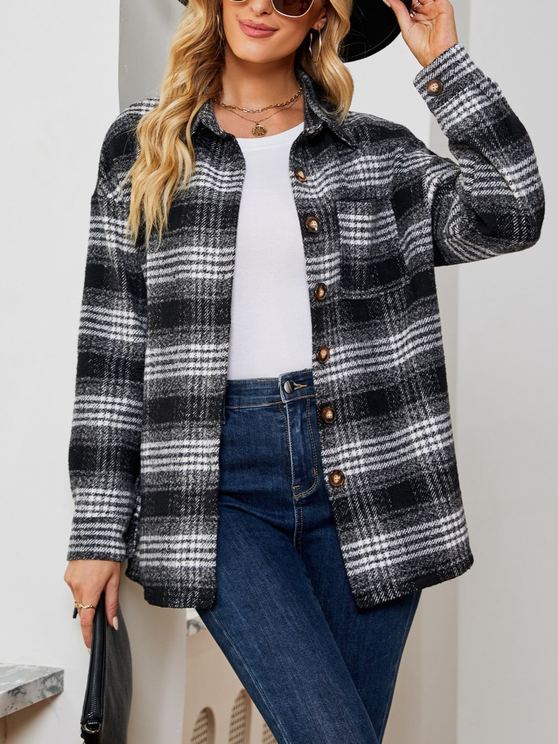 Plaid Collared Shirt Jacket-Angel Casuals
