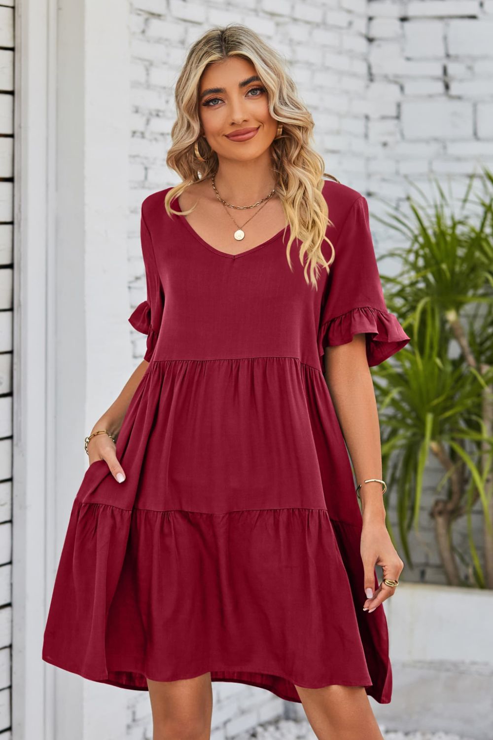 V-Neck Flounce Sleeve Tiered Dress-Angel Casuals